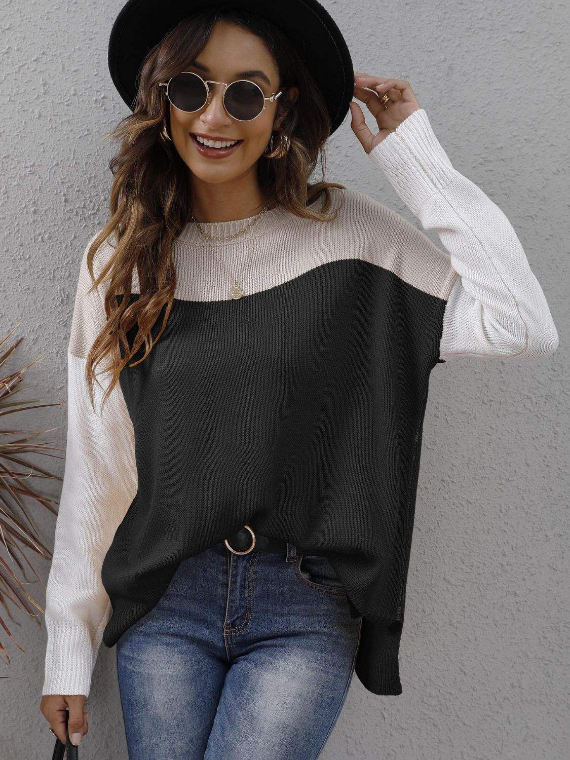 Color Block Round Neck Dropped Shoulder Sweater - Trendsi - Flyclothing LLC