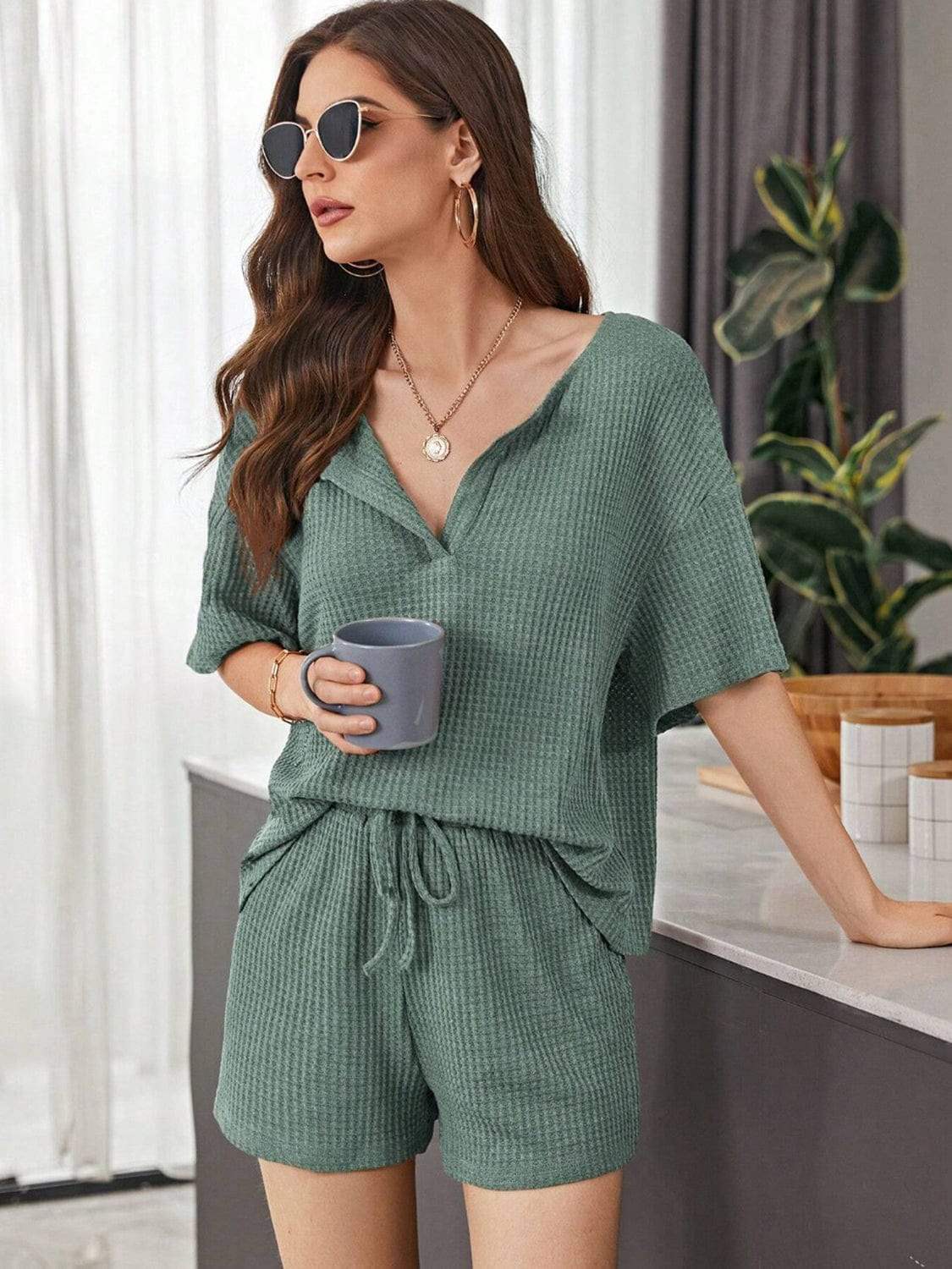 Full Size Waffle-Knit Dropped Shoulder Top and Shorts Set - Trendsi - Flyclothing LLC