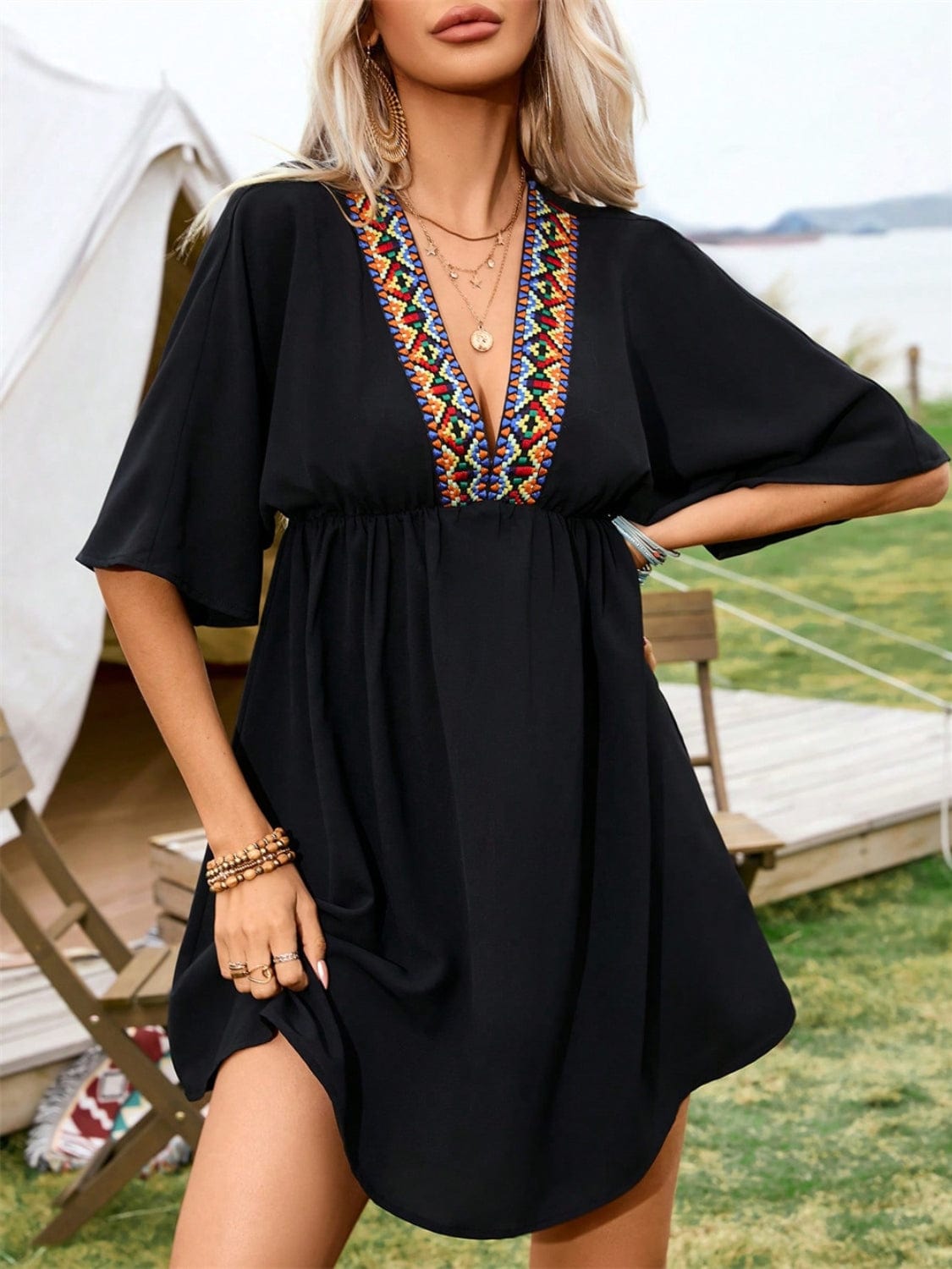 Embroidered Plunge Half Sleeve Mini Dress - Trendsi