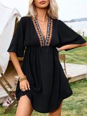 Embroidered Plunge Half Sleeve Mini Dress - Trendsi