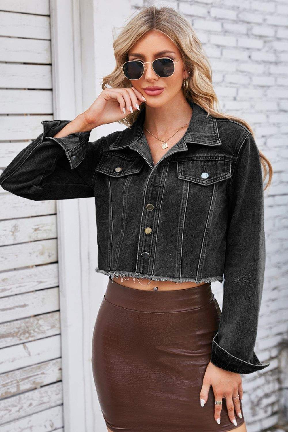 Raw Hem Denim Jacket with Pockets - Trendsi - Flyclothing LLC