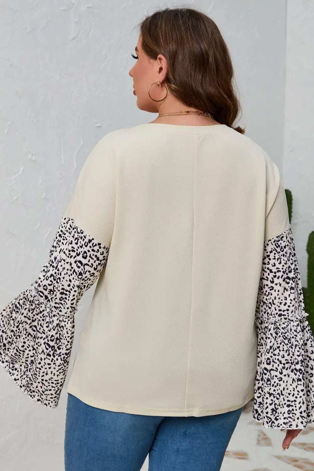 Plus Size Leopard Round Neck Long Sleeve Top - Trendsi - Flyclothing LLC