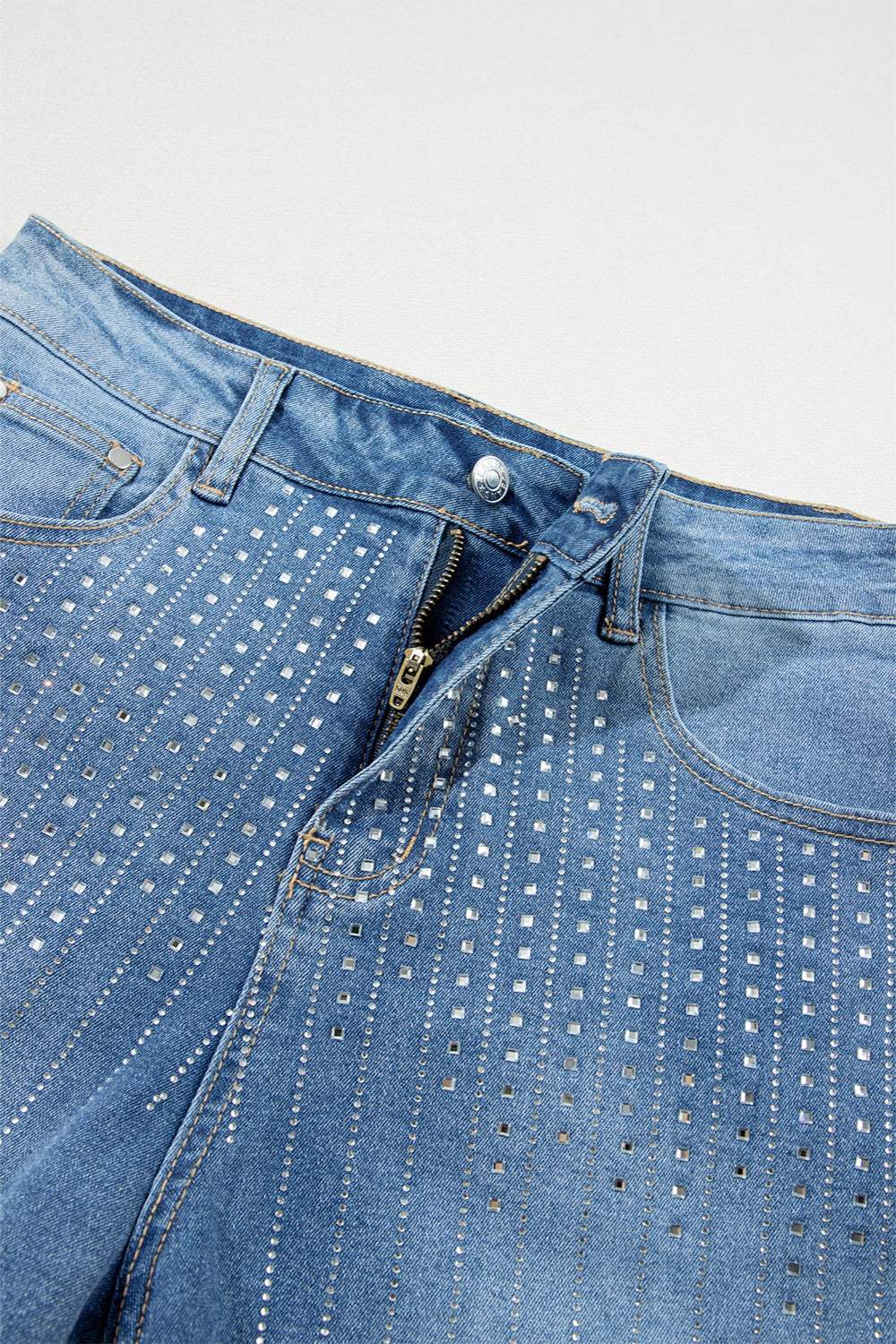 Rhinestone High Waist Denim Shorts - Trendsi - Flyclothing LLC