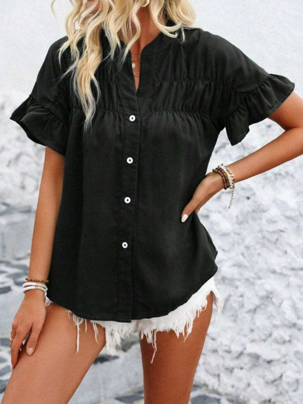 Button Down Ruffled Short Sleeve Shirt - Trendsi - Flyclothing LLC