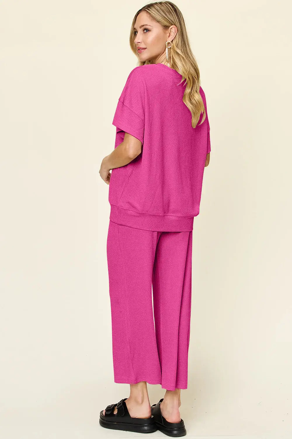 Double Take Full Size Texture Round Neck Short Sleeve T-Shirt and Wide Leg Pants - Trendsi - Flyclothing LLC
