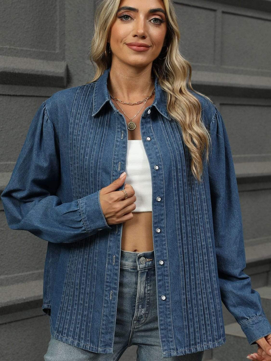 Button Down Collared Neck Long Sleeve Denim Top - Trendsi - Flyclothing LLC
