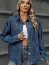 Button Down Collared Neck Long Sleeve Denim Top - Trendsi - Flyclothing LLC