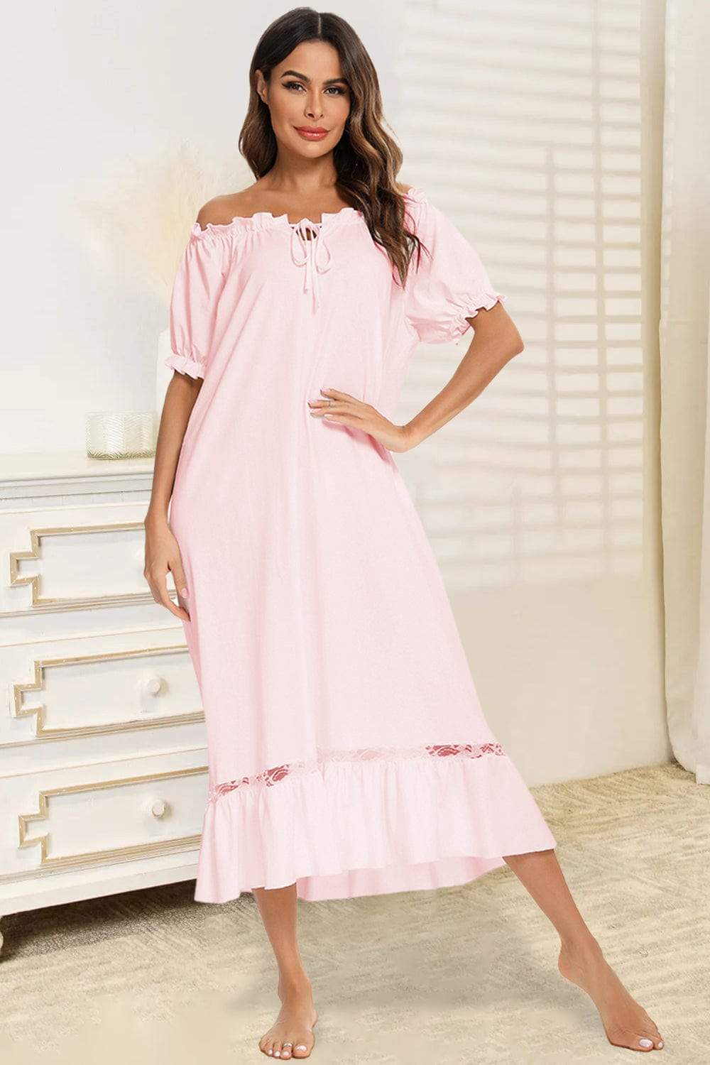 Lace Detail Short Sleeve Lounge Dress - Trendsi - Flyclothing LLC