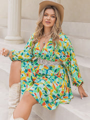 Plus Size Printed Surplice Long Sleeve Mini Dress - Trendsi