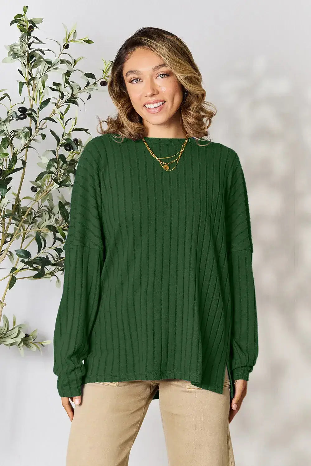 Basic Bae Full Size Ribbed Round Neck Slit Knit Top - ShopBasicbae - Flyclothing LLC