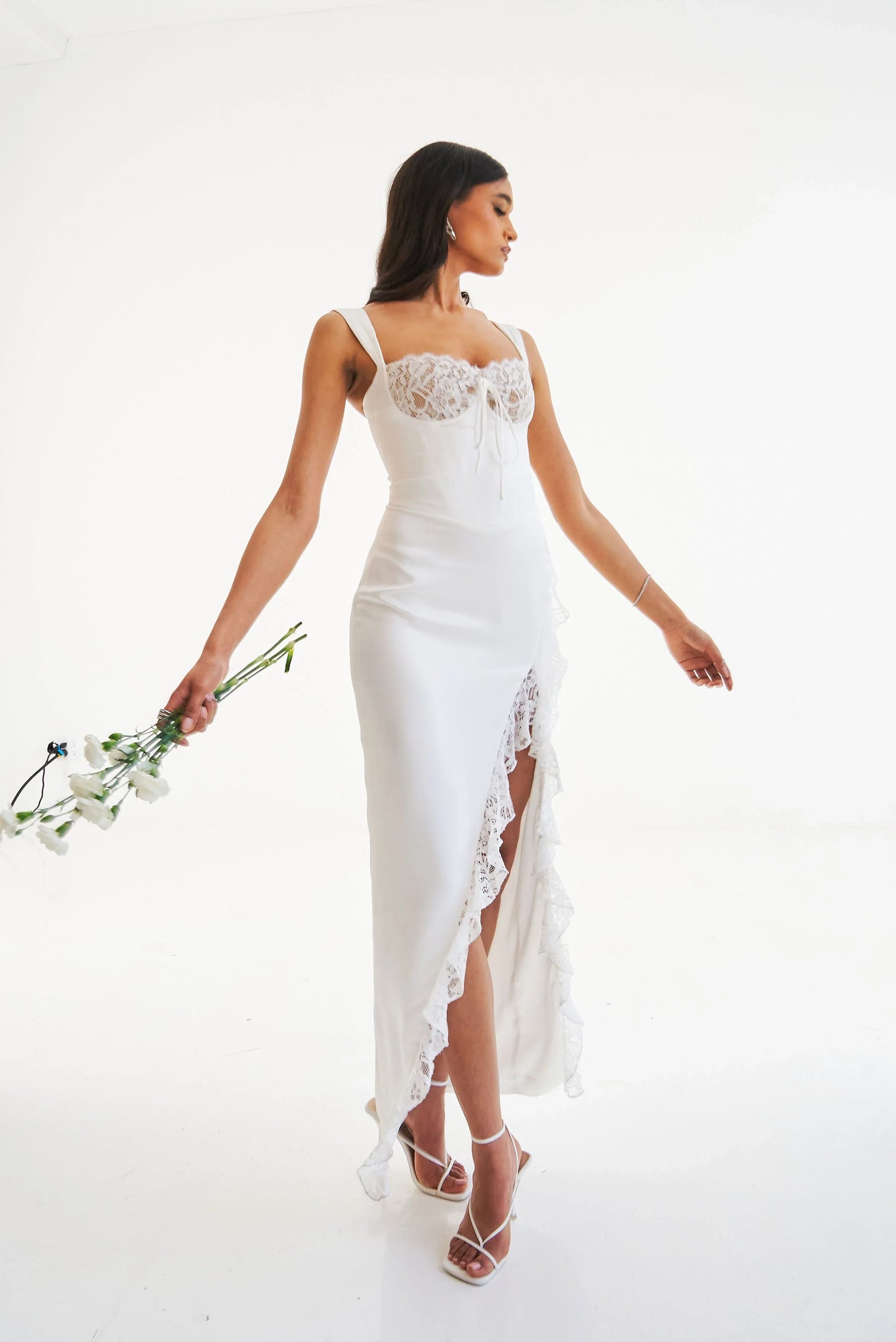 Freddie White Lace Satin Maxi Corset Dress - Miss Circle - Flyclothing LLC