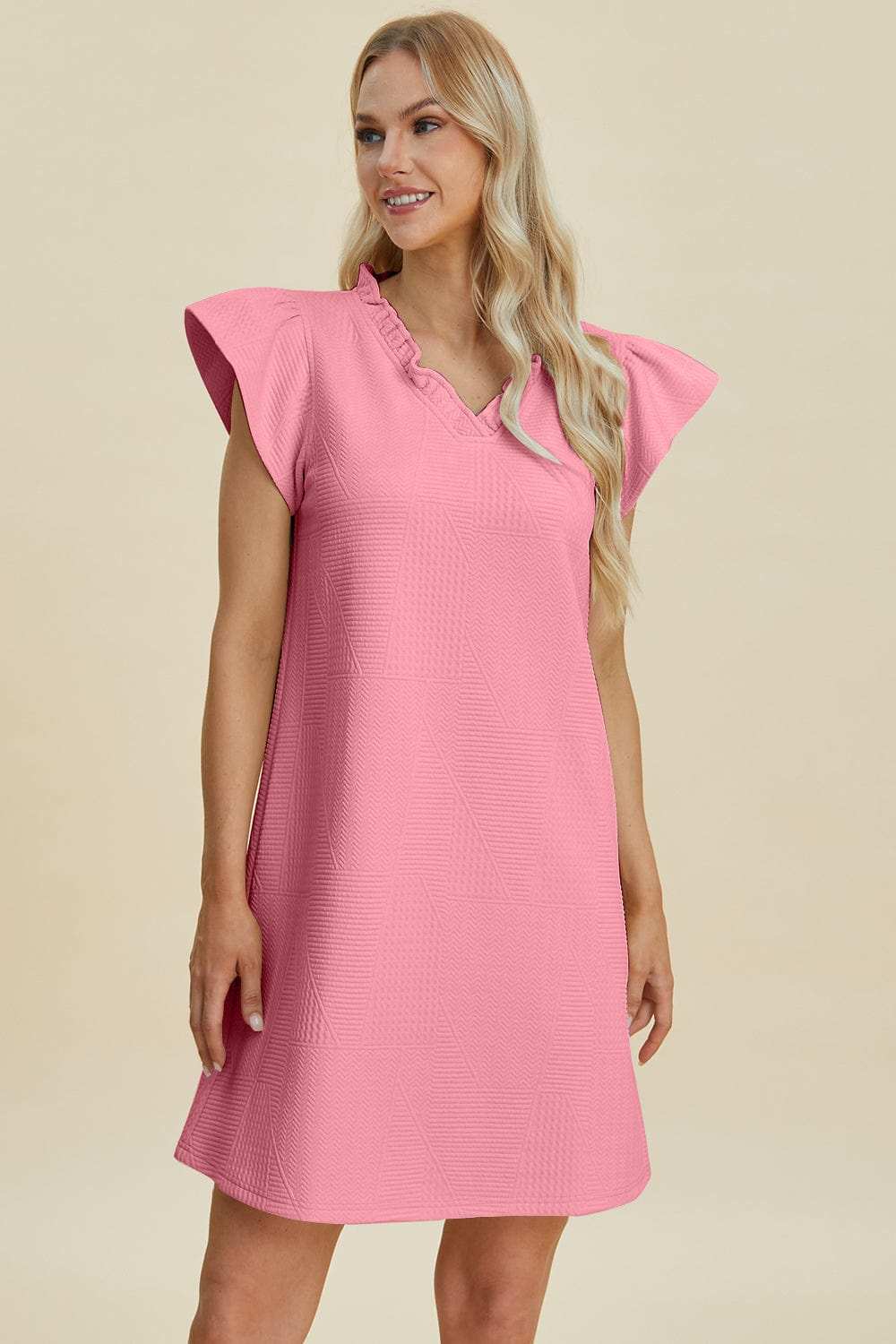 Double Take Full Size Ruffled V-Neck Cap Sleeve Dress - Trendsi - Flyclothing LLC