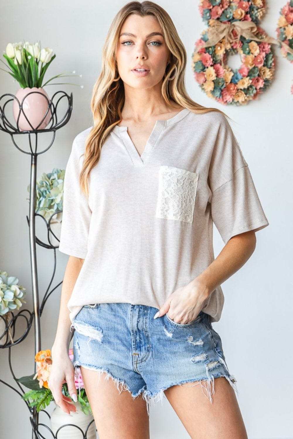 Heimish Full Size Lace Front Pocket Drop Shoulder Top - Trendsi - Flyclothing LLC
