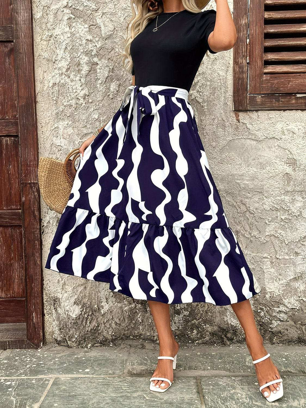 Printed Round Neck Short Sleeve Midi Dress - Trendsi - Flyclothing LLC