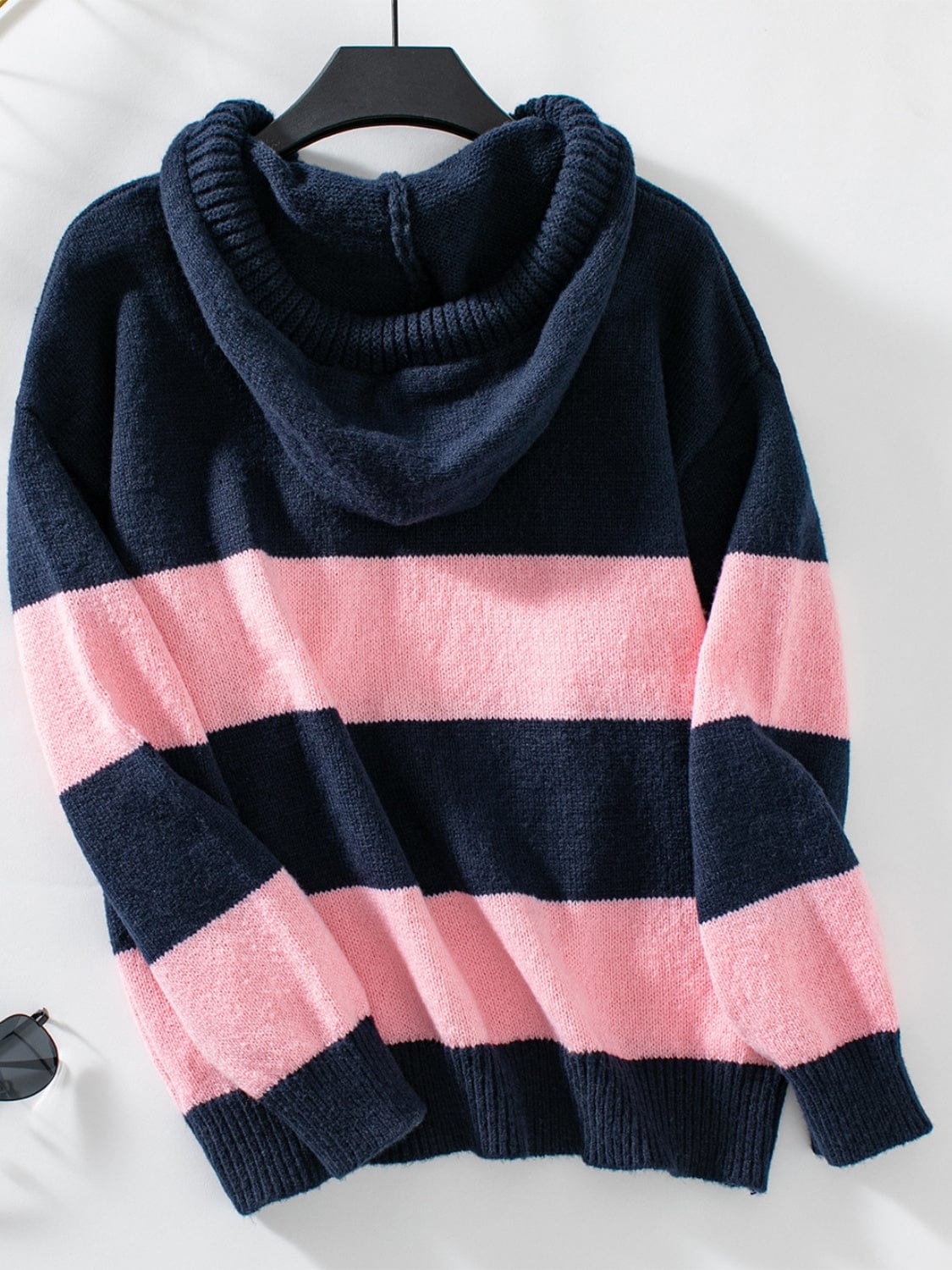 Drawstring Contrast Stripe Dropped Shoulder Hooded Sweater - Trendsi