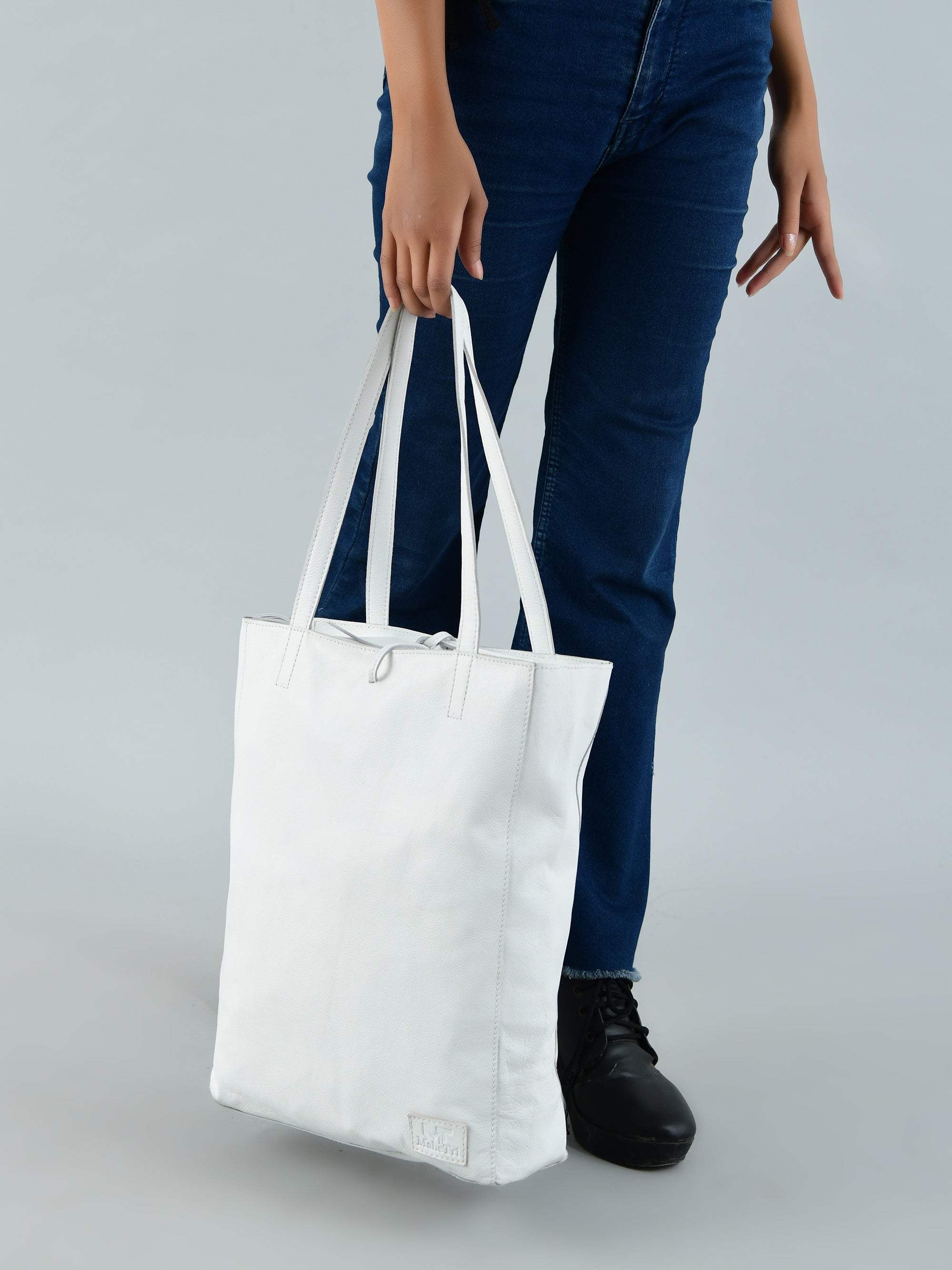 White Leather Shoulder Tote Bag - Classy Leather Bags - Flyclothing LLC