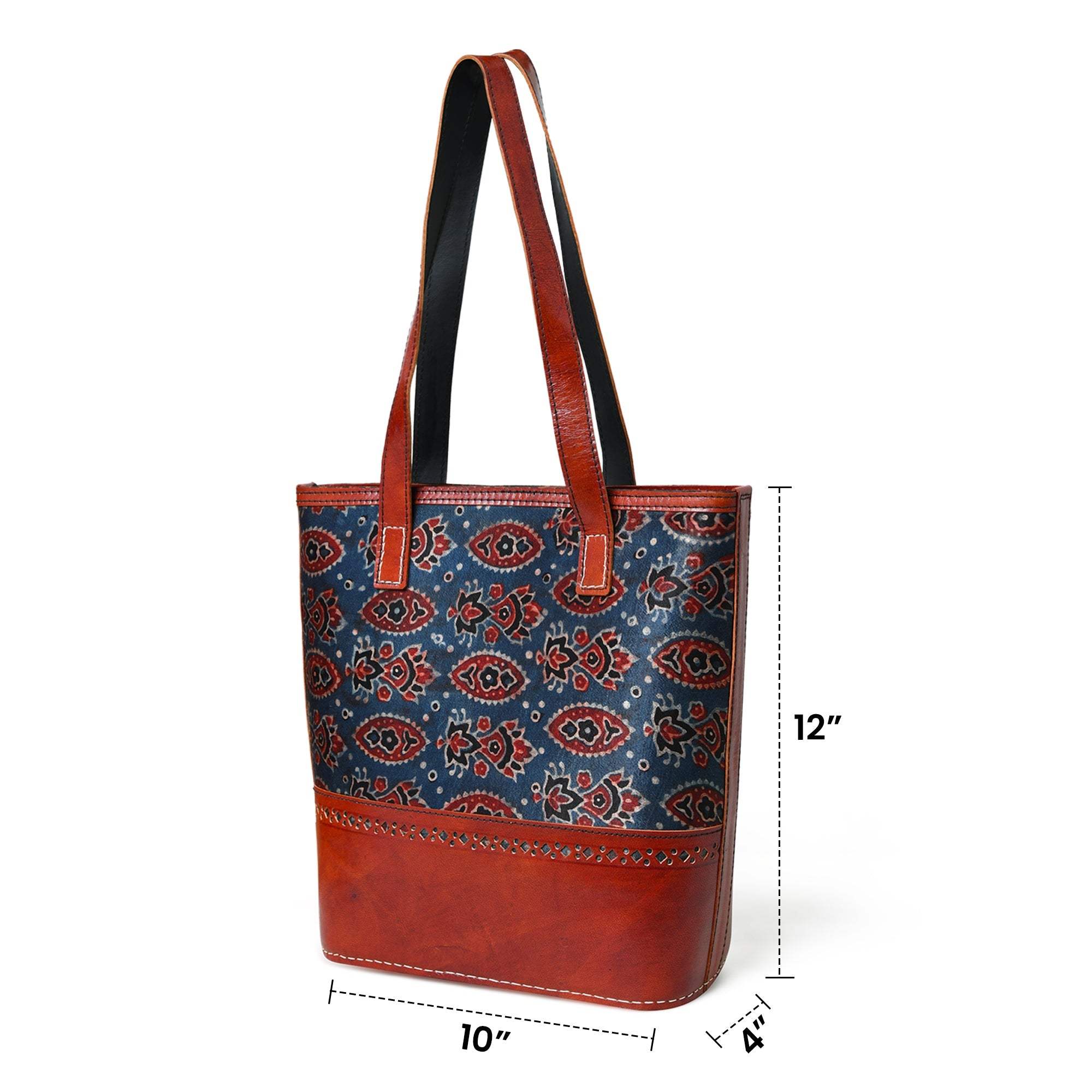 Neela Ajrakh Leather Tote Bag - Classy Leather Bags - Flyclothing LLC