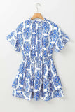 Printed Tie Neck Short Sleeve Mini Dress - Trendsi - Flyclothing LLC