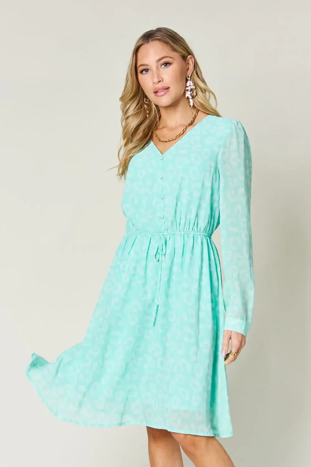 Double Take Full Size Printed Ruched V-Neck Long Sleeve Dress - Trendsi - Flyclothing LLC