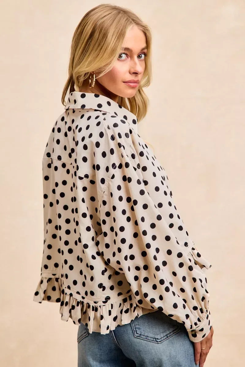 BiBi Crinkle Polka Dot Ruffled Hem Button Up Shirt Top - Trendsi - Flyclothing LLC