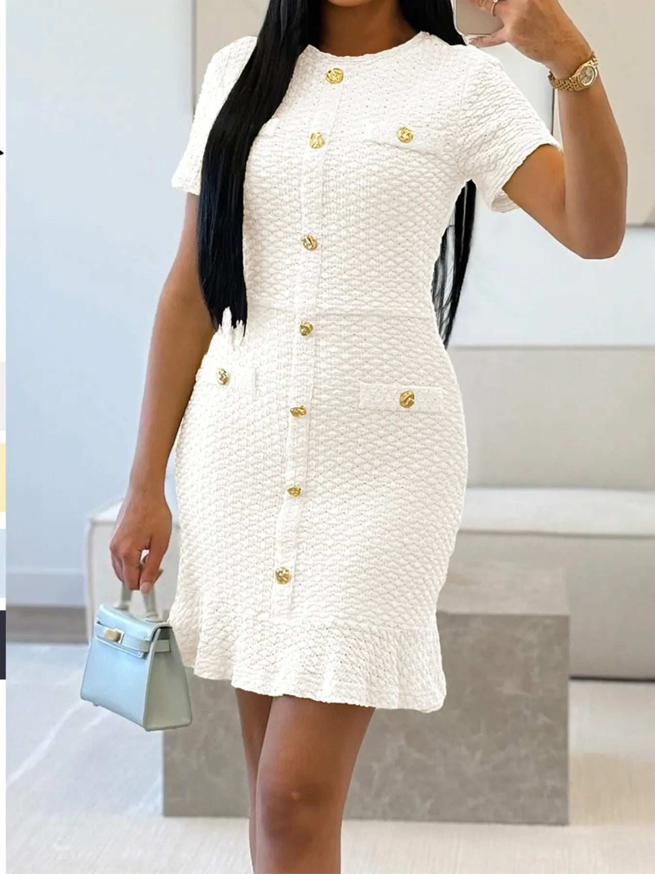 Button-Front Short Sleeve Textured Dress - Trendsi - Flyclothing LLC