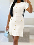 Button-Front Short Sleeve Textured Dress - Trendsi - Flyclothing LLC