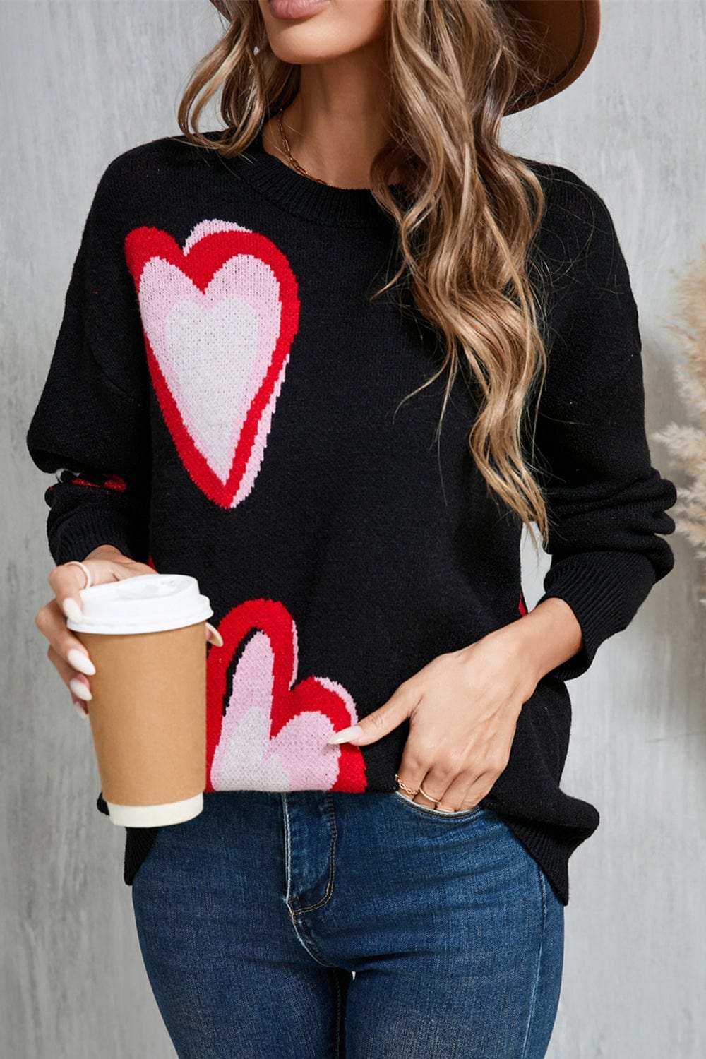 Angel Wings Heart Round Neck Long Sleeve Sweater - Trendsi - Flyclothing LLC