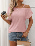 Eyelet Asymmetrical Shoulder Short Sleeve T-Shirt - Trendsi - Flyclothing LLC