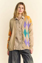 Davi & Dani Argyle V-Neck Dropped Shoulder Cardigan - Trendsi - Flyclothing LLC
