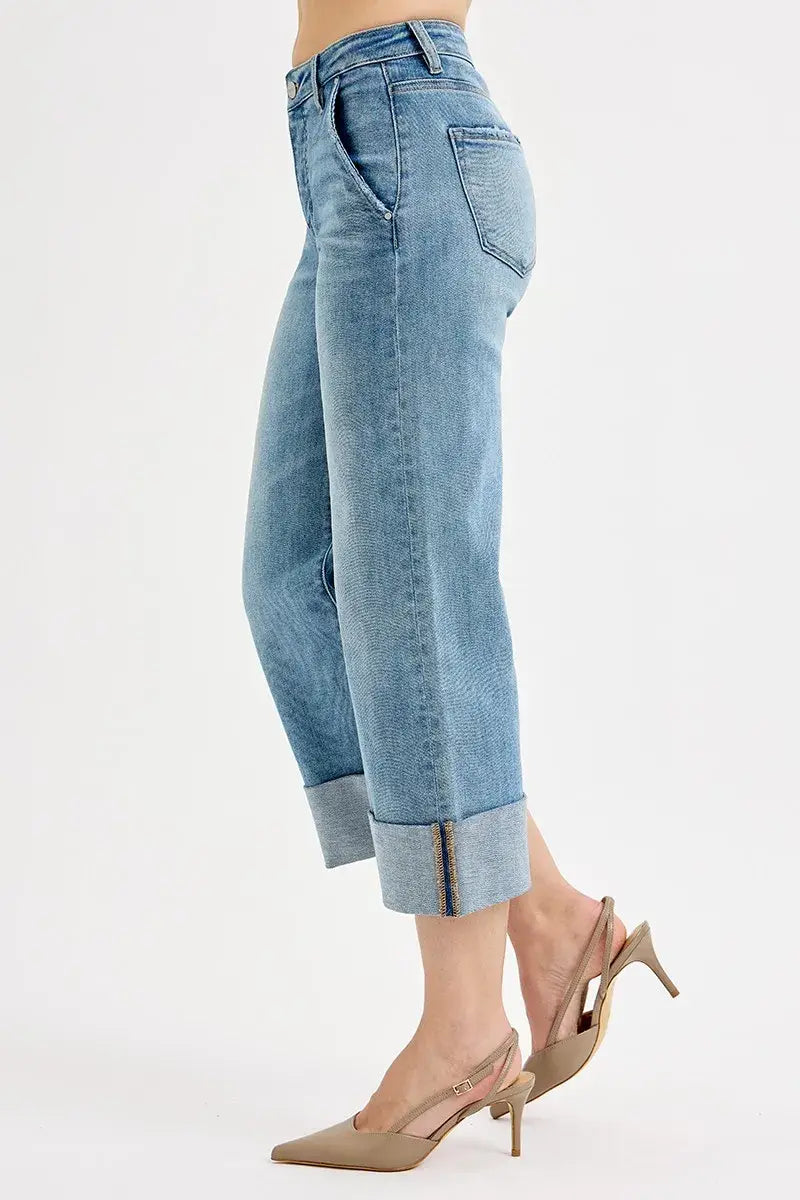 RISEN Full Size Tummy Control High Rise Ankle Wide Cuffed Jeans Plus Size - Trendsi - Flyclothing LLC