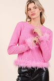 Mittoshop Feather Trim Long Sleeve Crop Hacci Knit Top - Trendsi - Flyclothing LLC