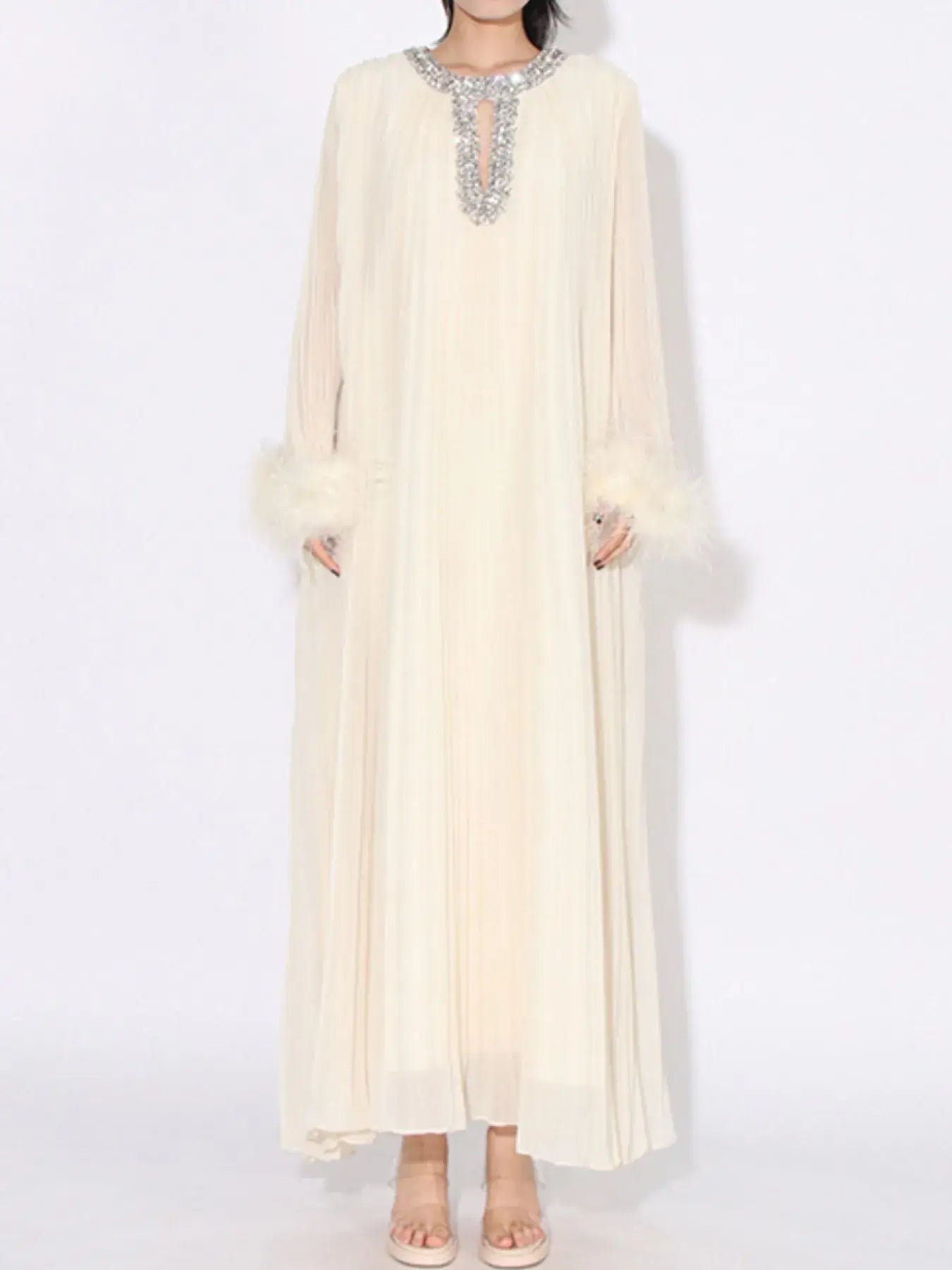 Rhinestone Long Sleeve Maxi Dress - Trendsi - Flyclothing LLC