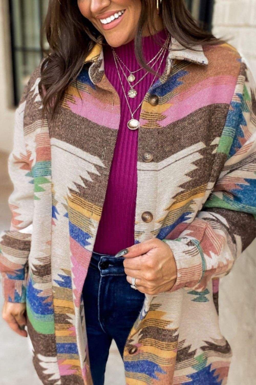 Geometric Button Up Long Sleeve Jacket - Trendsi - Flyclothing LLC