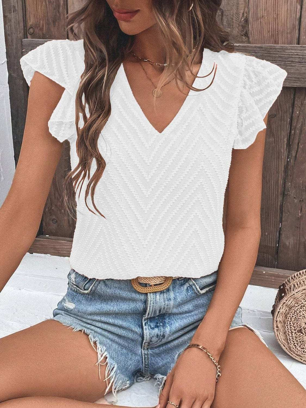 Textured V-Neck Cap Sleeve Blouse - Trendsi - Flyclothing LLC