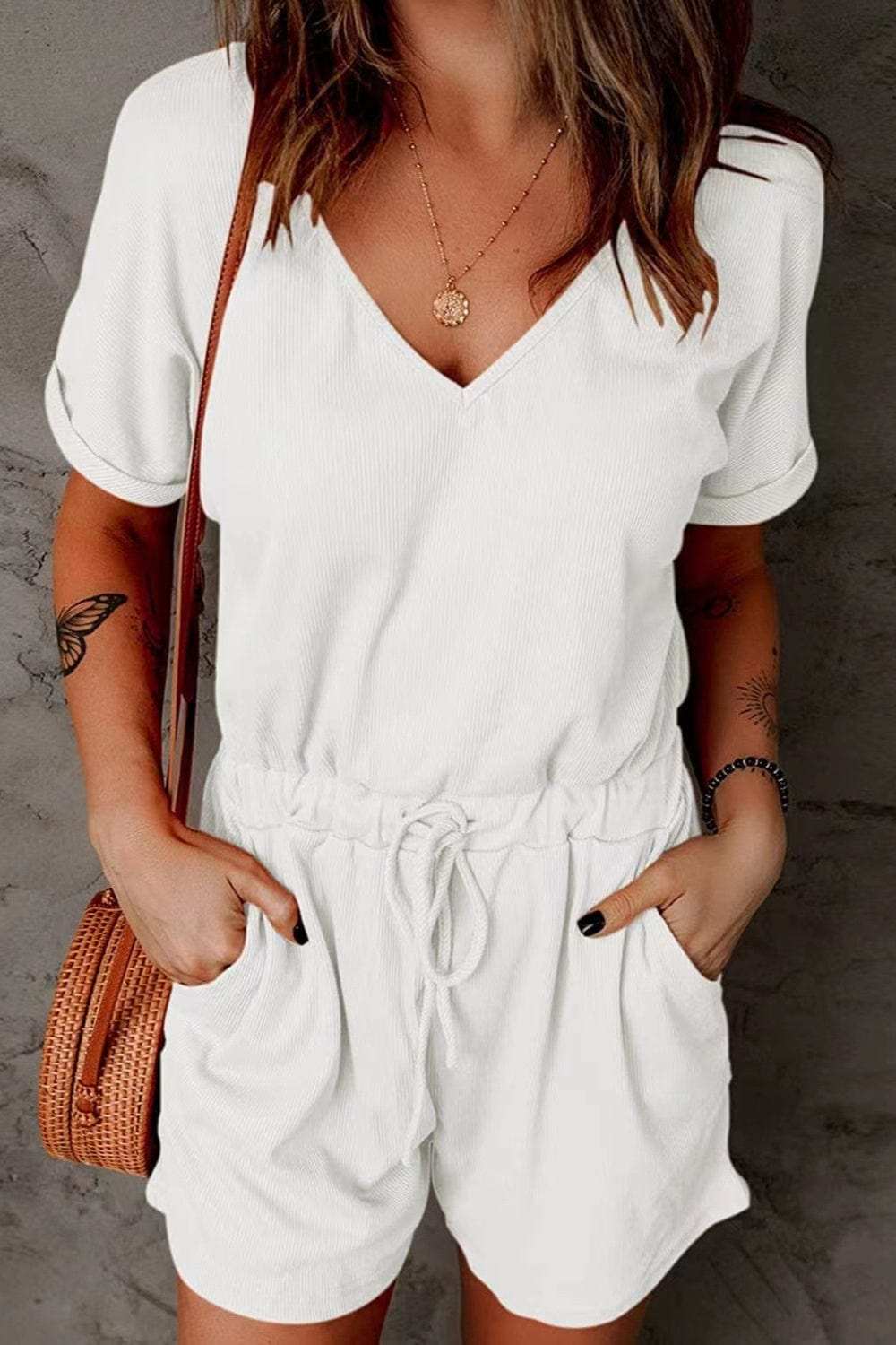 Full Size Drawstring V-Neck Short Sleeve Romper - Trendsi - Flyclothing LLC