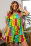 BiBi Leopard Short Sleeve Tiered Dress - Trendsi