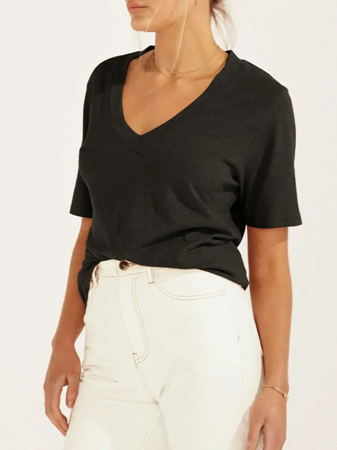 Solid V-Neck Short Sleeve T-Shirt - Trendsi - Flyclothing LLC