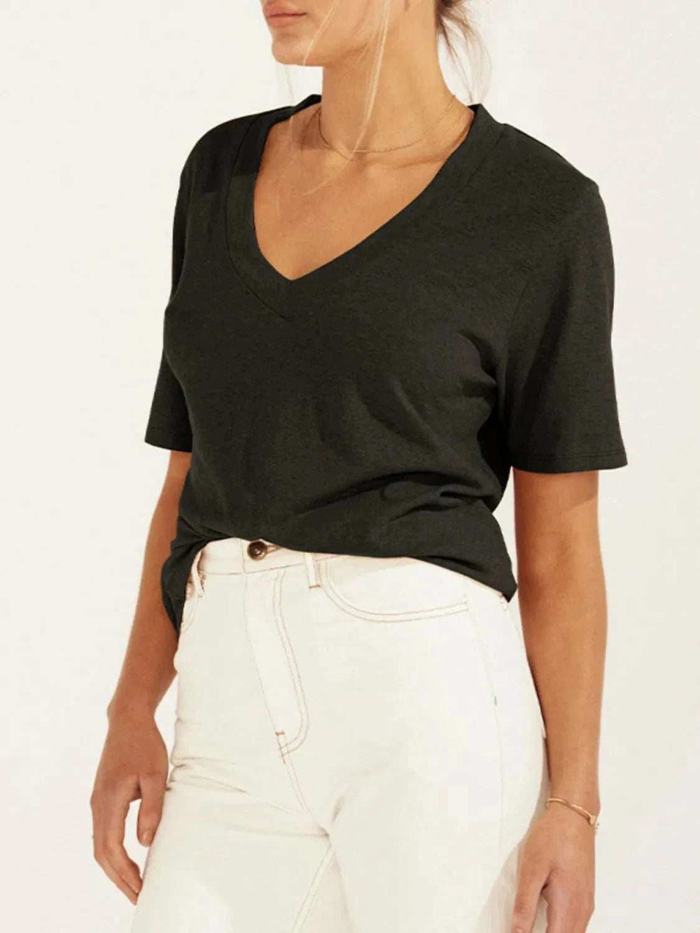 Solid V-Neck Short Sleeve T-Shirt - Trendsi - Flyclothing LLC