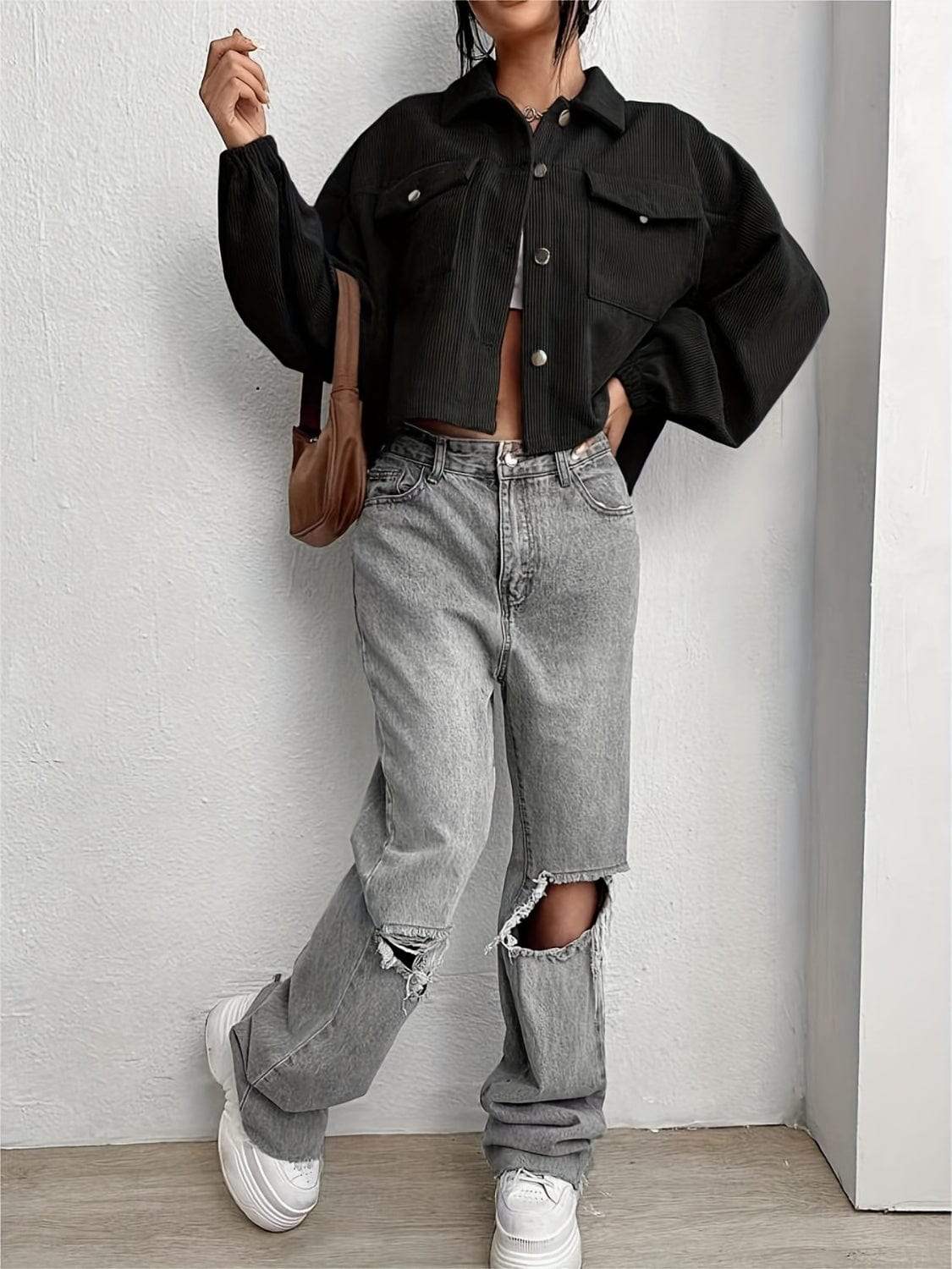 Collared Neck Dropped Shoulder Jacket - Trendsi - Flyclothing LLC