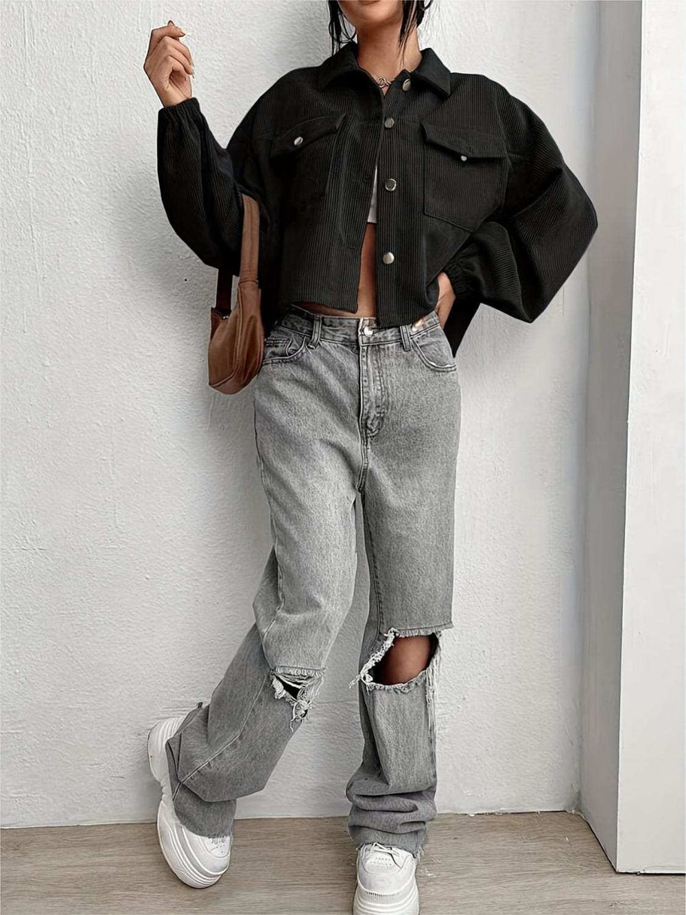 Collared Neck Dropped Shoulder Jacket - Trendsi - Flyclothing LLC