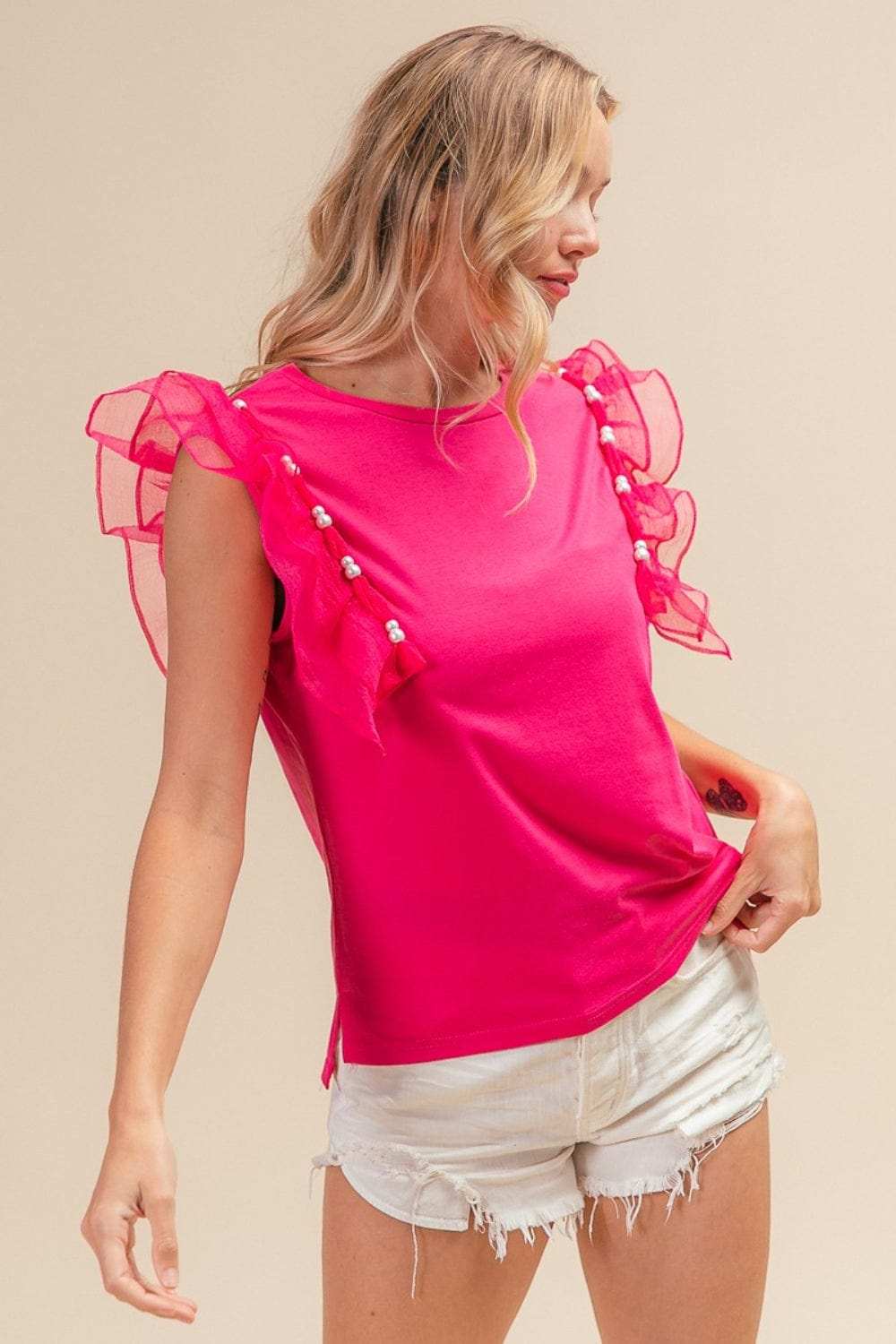 BiBi Pearl Decor Mesh Ruffle Sleeve Top - Trendsi - Flyclothing LLC