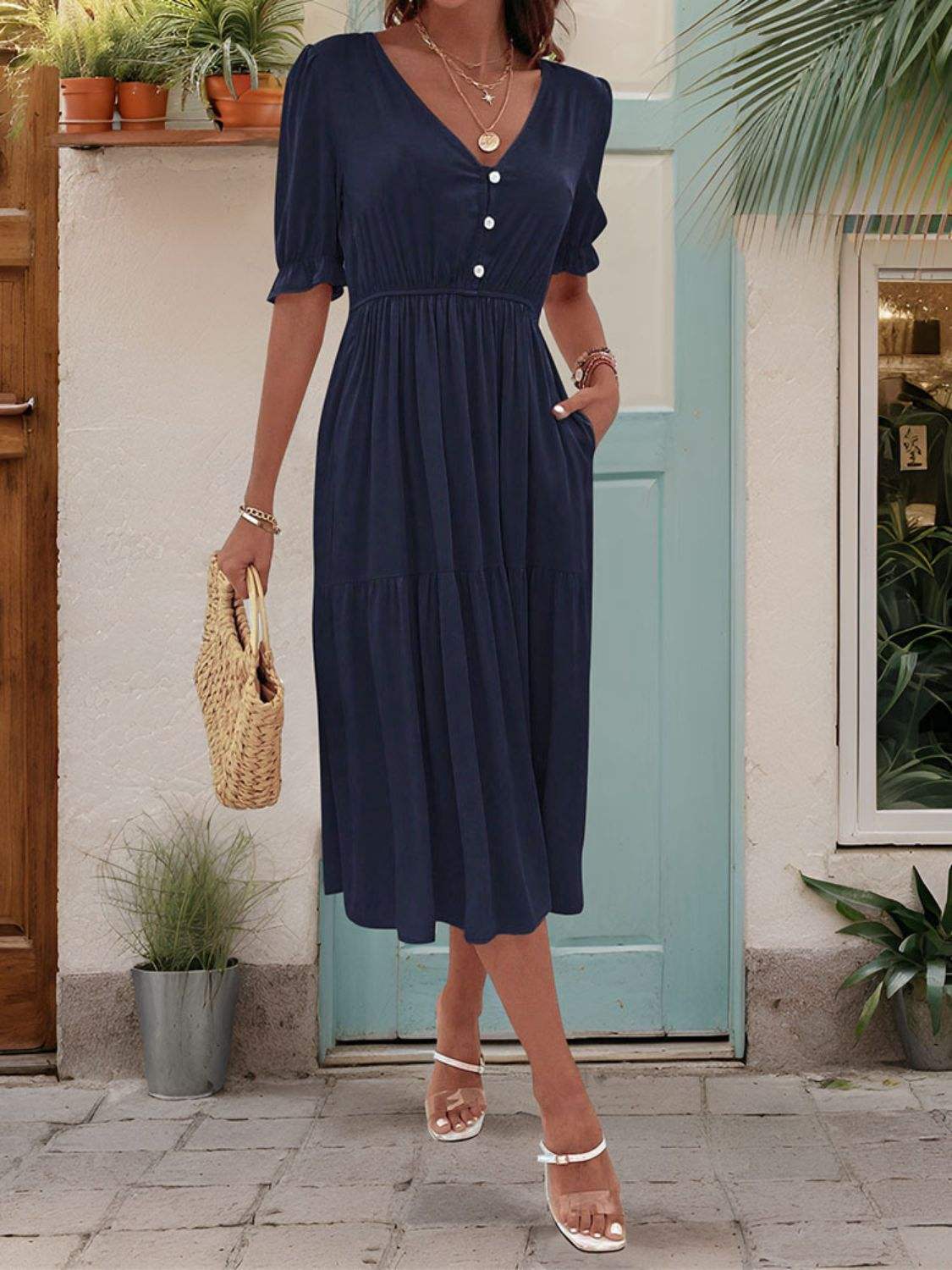 Ruched V-Neck Half Sleeve Midi Dress - Trendsi - Flyclothing LLC