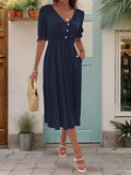 Ruched V-Neck Half Sleeve Midi Dress - Trendsi