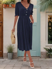 Ruched V-Neck Half Sleeve Midi Dress - Trendsi