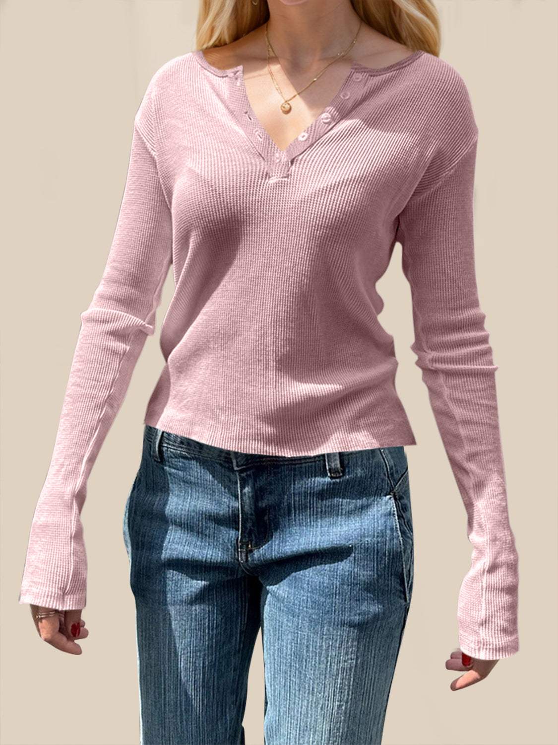 Devine Quarter Button Long Sleeve T-Shirt - Trendsi - Flyclothing LLC