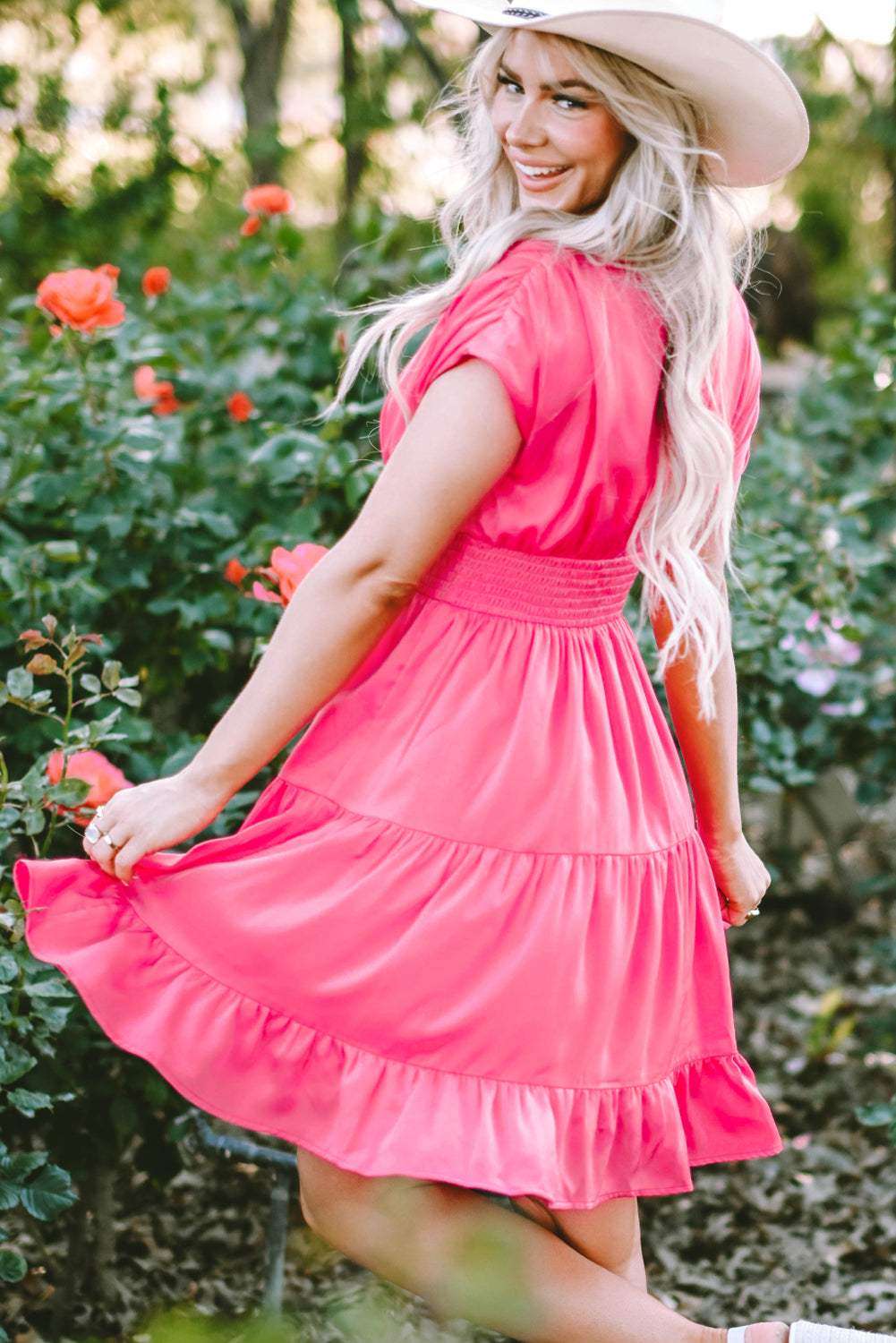 Smocked V-Neck Cap Sleeve Dress - Trendsi - Flyclothing LLC