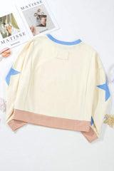 Star Contrast Round Neck Long Sleeve Sweatshirt - Trendsi - Flyclothing LLC
