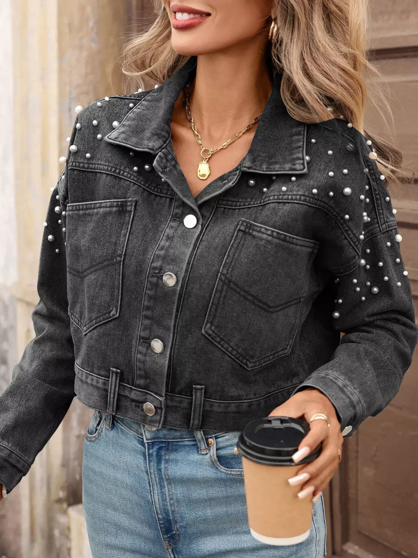 Pearl Embellished Cropped Denim Jacket - Trendsi - Flyclothing LLC