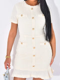 Button-Front Short Sleeve Textured Dress - Trendsi - Flyclothing LLC
