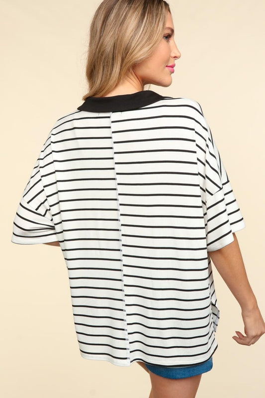 Haptics Full Size Striped Dropped Shoulder Half Sleeve T-Shirt - Trendsi